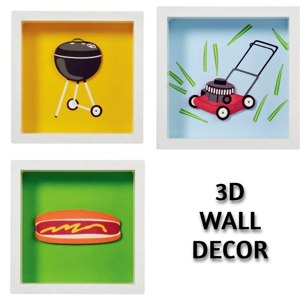 3 Wood Frames Wall Decor - 3D Lawn Mower, Grill, Hot Dog 5 x 5”